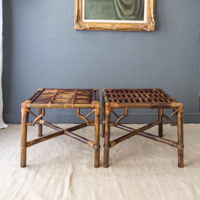Pair of McGuire Style Chinoiserie Bamboo Stools or Ottomans With Tufted Cushions. For Sale - Image 15 of 18