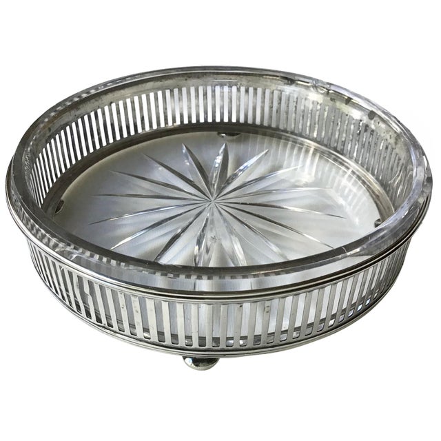 Art Deco Vintage Sterling Silver Footed Reticulated Bottle Coaster Pressed Glass Insert With Starburst Pattern For Sale - Image 3 of 6