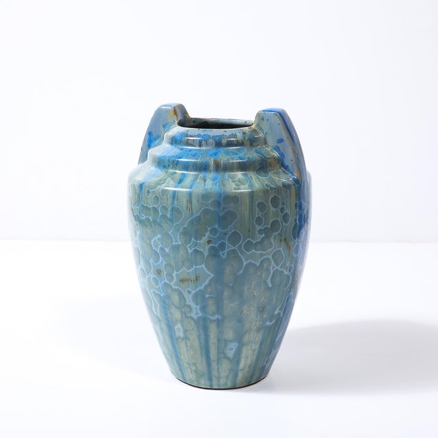 Ceramic Art Deco Skyscraper Style Speckled Organic Blue Ceramic Vase Signed Pierrefonds For Sale - Image 7 of 13