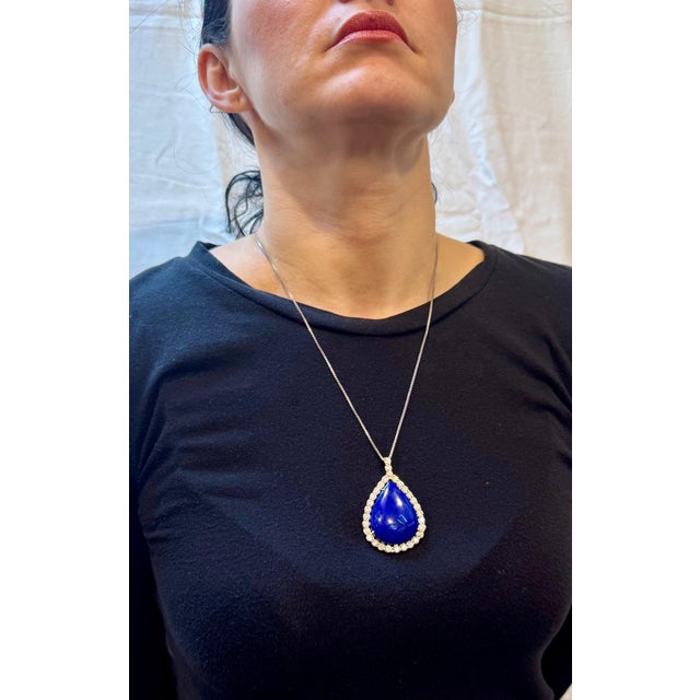 75 Carat Lapis & 9.5 ct Diamond Pendant Necklace 14 Karat White Gold + Chain For Sale - Image 12 of 18