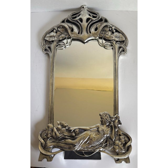 Vintage Art Nouveau Style Figural Lady Silver Finish Table or Wall Mirror For Sale - Image 12 of 12