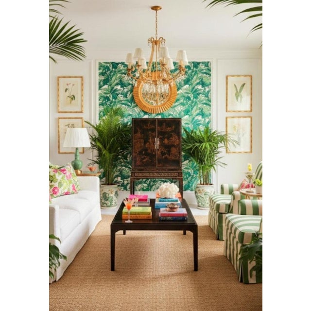 Vintage Chinoiserie Massive Black Bronze Hand Painted Garden Pagoda Scene Fretwork Storage/Tv Cabinet For Sale - Image 15 of 15