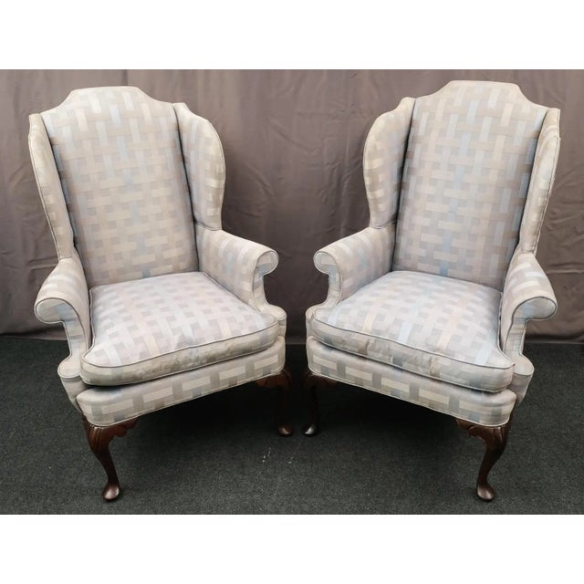 Sky Blue 1980s Pair of Hickory Wing Back Chairs in Pastel Check Weave Fabric For Sale - Image 8 of 10