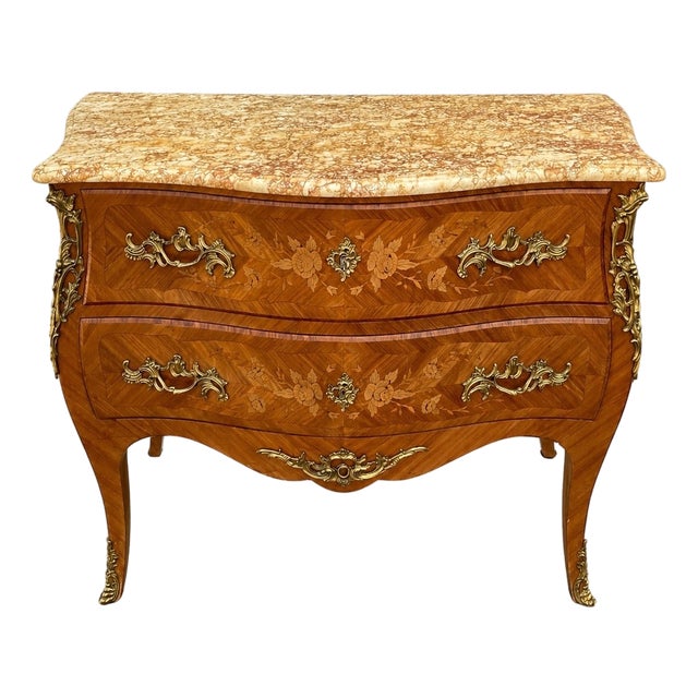 Louis XV Style Chest of Drawers in Marquetry and Veined Marble, 1930s For Sale