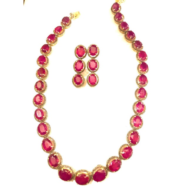 Bochic “Capri” Vintage Ruby & Diamond Necklace & Earring Set 18K Gold & Silver For Sale - Image 4 of 8