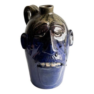Vintage Georgia Folk Pottery Face Jug by Dal Burtchaell – Blue Glaze Sculptural Pitcher – Southern Folk Art For Sale