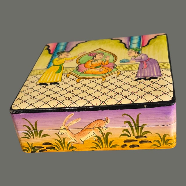 Vintage Bohemian Hand Painted Lacquer Mughal-Style Kashmiri Paper Mache Box W/6 Coasters For Sale - Image 6 of 11