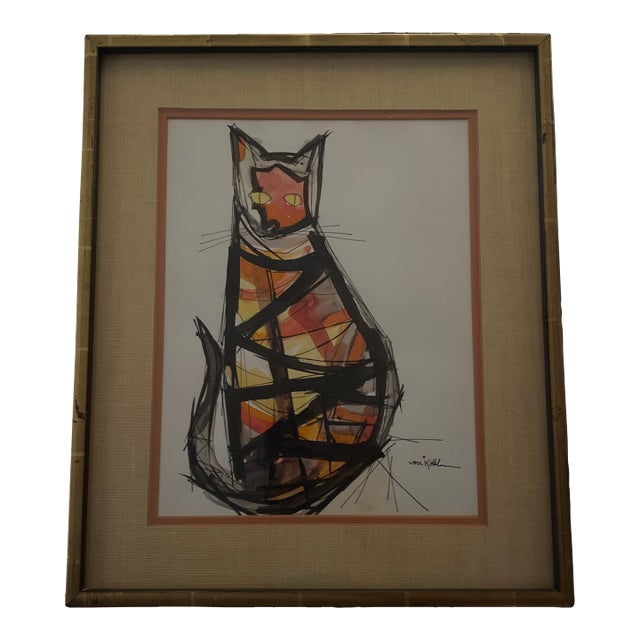 Signed Watercolor and Ink Drawing of a Cat by Maria Von Kohler. For Sale