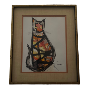 Signed Watercolor and Ink Drawing of a Cat by Maria Von Kohler.