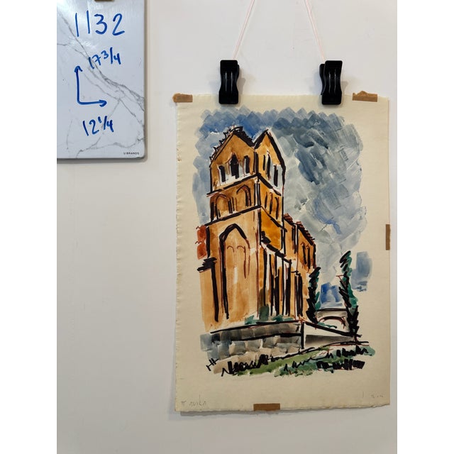 Henry Emil Salloch Original Watercolor on Paper Romanesque Tower. For Sale - Image 4 of 4