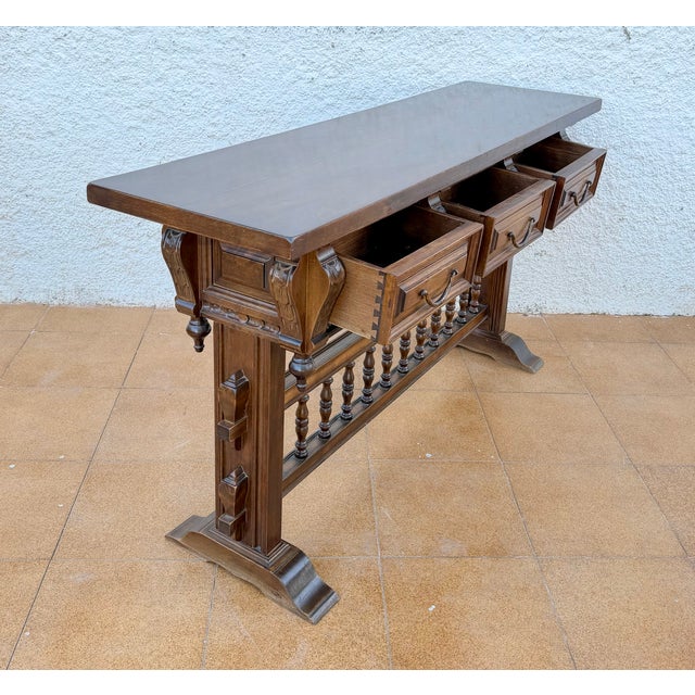 Brown Mid 20th Century Valenti Spanish Carved Wood Console Table With Drawers and Turned Spindles For Sale - Image 8 of 13