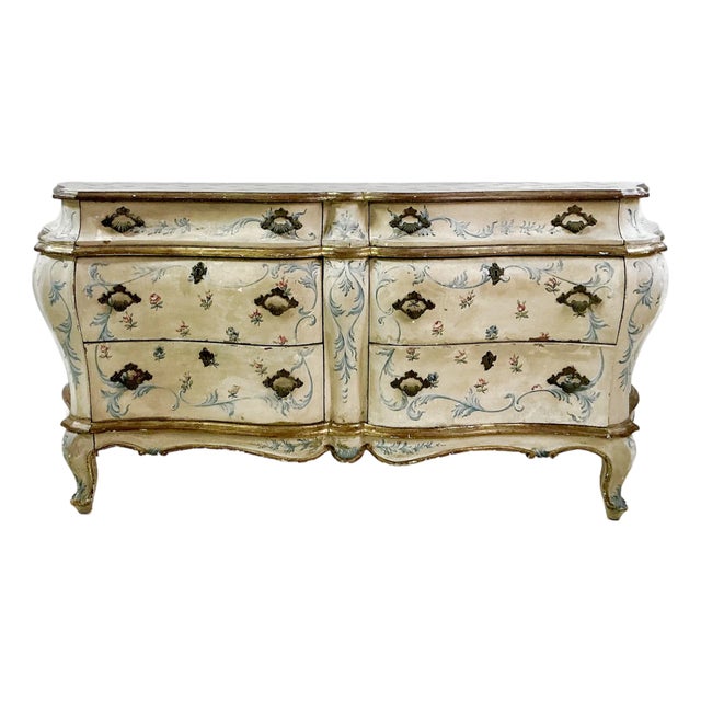 1800c Antique French Louis XV Hand-Painted Bombay Sideboard Commode Dresser, Flora & Acanthus Leaves For Sale