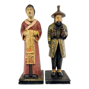 Vintage Hand-Painted Filipino Wood Figurines of Traditional Couple, a Pair