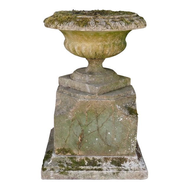 English Garden Basin on Patinated Stone Pedestal, 1920s For Sale