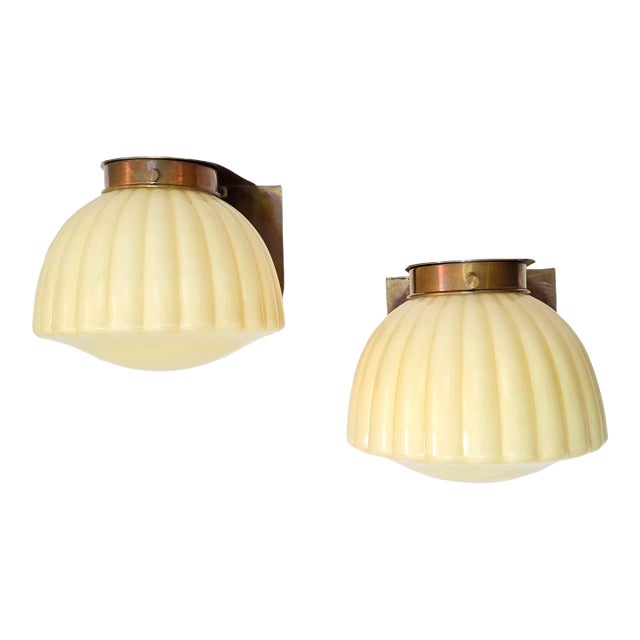 Pair Vintage Art Deco Light Old Lamp Wall Sconces Fixture Brass & Ribbed Cream Milk Glass Shade Lamp Ship Light For Sale