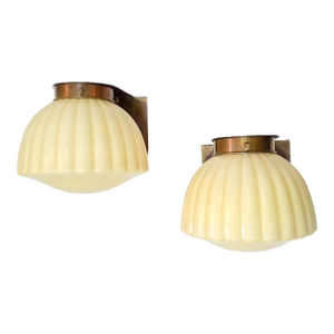 Pair Vintage Art Deco Light Old Lamp Wall Sconces Fixture Brass & Ribbed Cream Milk Glass Shade Lamp Ship Light