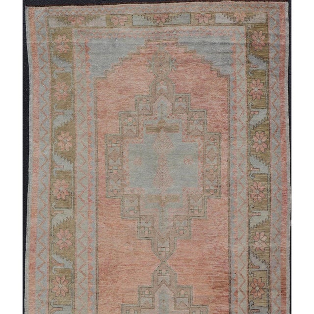 Vintage Turkish Oushak Gallery With Tribal Medallions in Soft Peach and Green For Sale In Atlanta - Image 6 of 13