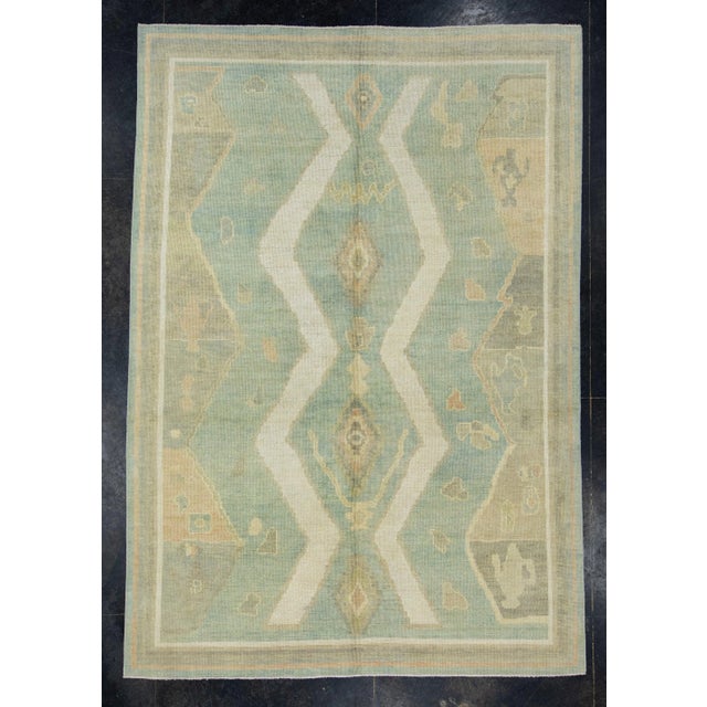 Cream & Sky Blue Turkish Oushak Rug 6'3" x 9' For Sale - Image 9 of 9