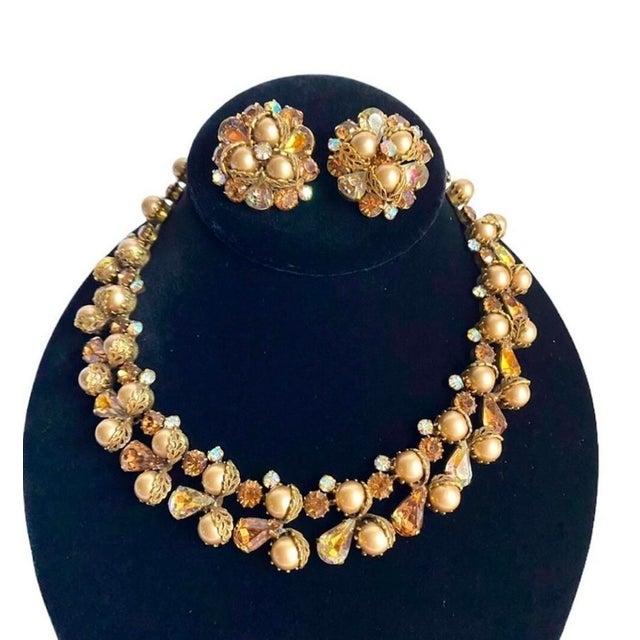 Vintage Kramer Necklace & Clip On Earrings Set Pearl Rhinestone Aurora Borealis Crystal Signed Estate Jewelry The color...