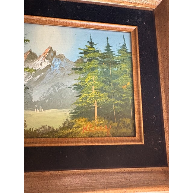 Vintage Mid-Century Modern Mountain Lake Oil Painting Signed Kelly Wood Velvet Frame For Sale - Image 4 of 10
