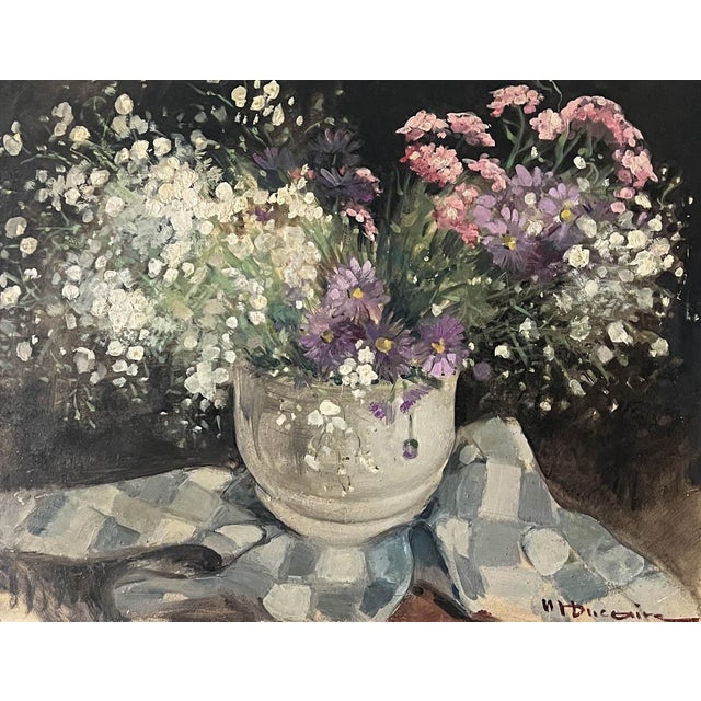 Beautiful 1940s French floral boutique oil painting by listed French artist, Maryse Ducaire-Rogue (1911-1992). Ducaire-...