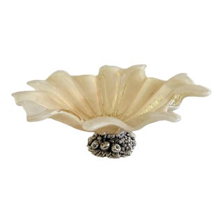1980s Hand Blown XL Flower Bowl of Pearlized Glass With Silver Tone Fruit Design Base For Sale
