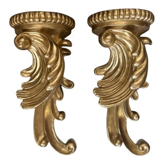 Pair of Ornate Gilt Acanthus Leaf Wall Sconces / Candle Shelves For Sale