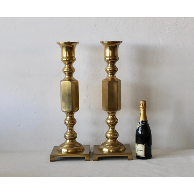 Mid-Century Modern Large Brass Altar Style Candleholders-A Pair For Sale - Image 10 of 11