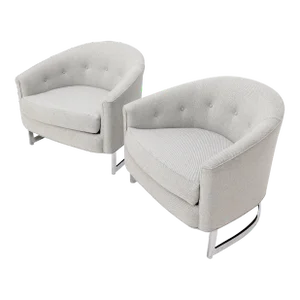 New Basket Weave Wool Flax Blend Upholstery Barrel Back Lounge Chairs - a Pair