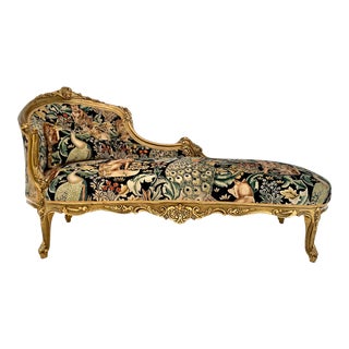 Vintage Gilt Gold Chaise Lounge Unholstered in Morris & Co. Velvet For Sale