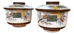 Vintage Kutani Porcelain Bowls with Hand-Painted Lids, 1930s-1950s, Set of 2