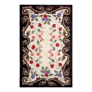 1900s Ivory Floral Folk Art Antique American Hooked Rug 6'4" X 9'10" Handknotted Wool Carpet For Sale