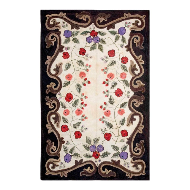 1900s Ivory Floral Folk Art Antique American Hooked Rug 6'4" X 9'10" Handknotted Wool Carpet For Sale