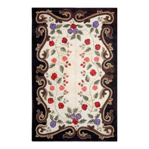 1900s Ivory Floral Folk Art Antique American Hooked Rug 6'4" X 9'10" Handknotted Wool Carpet