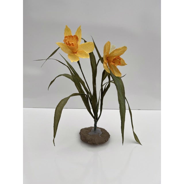 Foreshadow II by Ashley Folkner | Cement, paper, wire, paint Flower sculpture with yellow blooms For Sale