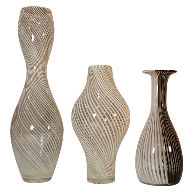 Contemporary Murano Mezza Filigrana Art Glass White and White and Black Pin Stripe Swirl Vases- Set of 3 For Sale - Image 3 of 18