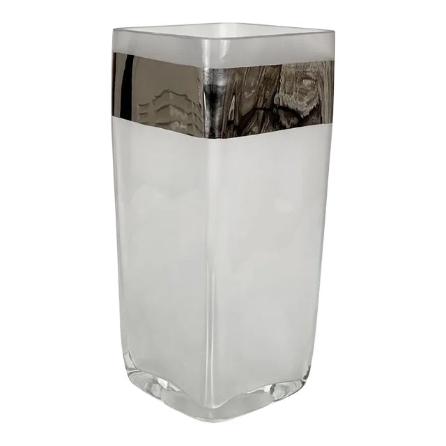 Vintage Italian Frosted Art Glass Chrome Rim Pillar Vase For Sale