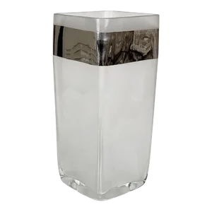Vintage Italian Frosted Art Glass Chrome Rim Pillar Vase