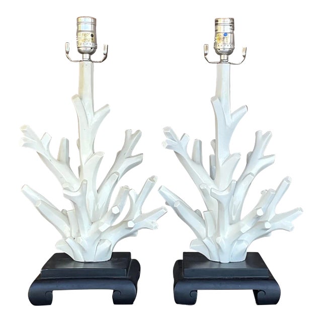 Vintage Coastal Coral Branch Wood Lamps - a Pair For Sale