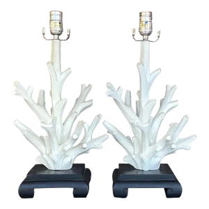 Vintage Coastal Coral Branch Wood Lamps - a Pair