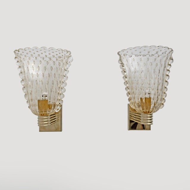 Gold Art Deco Style Brass and Pulegoso Murano Glass Sconces by Barovier & Toso, 1990, Set of 2 For Sale - Image 8 of 8