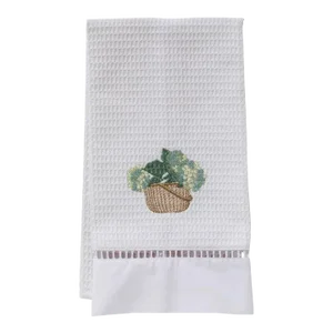 Hydrangea Basket Cream/Blue Guest Towel, White Waffle Weave, Ladder Lace, Embroidered
