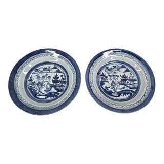 Pair of 19th Century Chinese Export "Canton" Blue & White Shallow Bowls, 8.75" For Sale