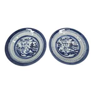 Pair of 19th Century Chinese Export "Canton" Blue & White Shallow Bowls, 8.75"