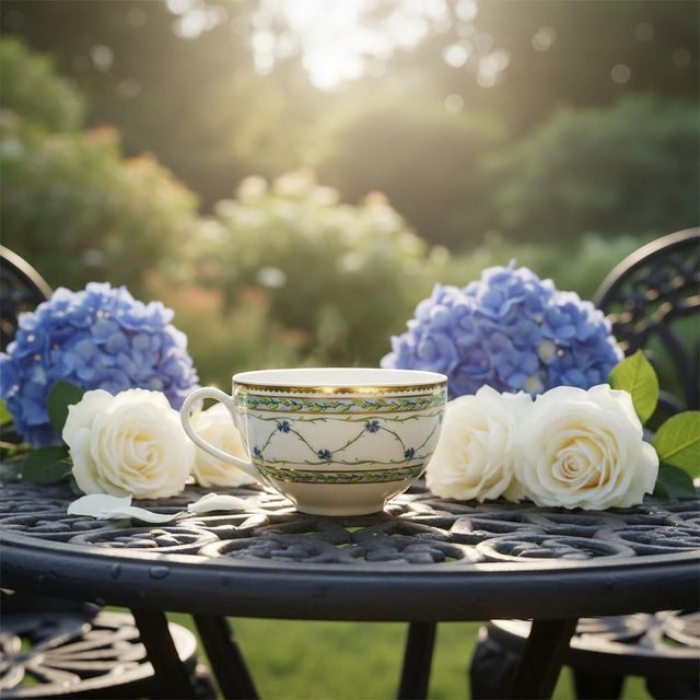 English Raynaud Limoges Allee Royale Teacup-France-Fine Porcelain-Gold-Blue Floral-China For Sale - Image 3 of 11