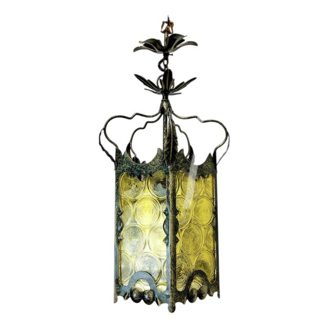 Gothic Lantern in Wrought Iron and Amber Glass, 1960s For Sale