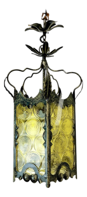 Gothic Lantern in Wrought Iron and Amber Glass, 1960s