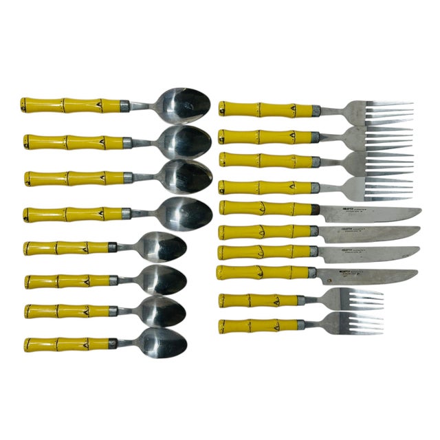 Mid-Century Modern Yellow Faux Bamboo Flatware Set, 18-Piece Hampton Silversmiths Cutlery, Mid-Century Modern Dining Decor, Tiki Bar Entertaining For Sale - Image 3 of 10