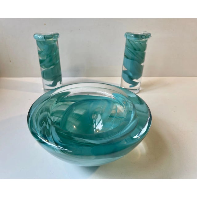 Swedish Blue Atoll Art Glass Bowl & Candlesticks by Anna Ehrner for Kosta Boda, 1980s, Set of 3 For Sale - Image 3 of 9
