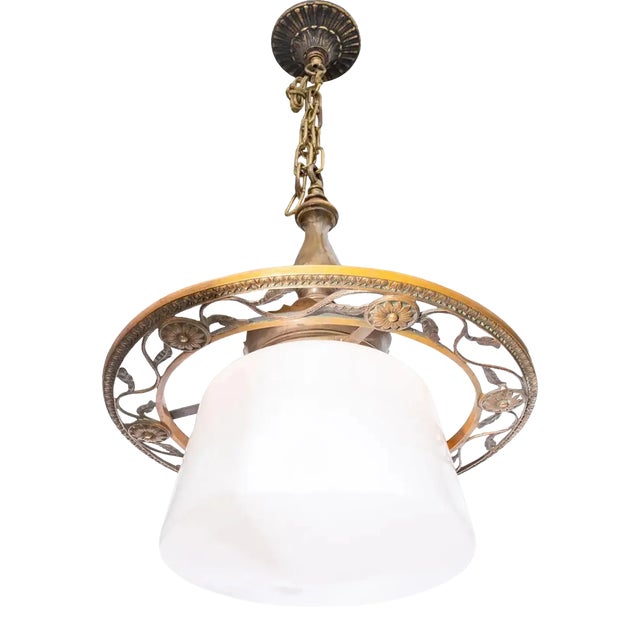 Antique Arts and Crafts Schoolhouse Bronze Fixture With Milk Glass Shade For Sale